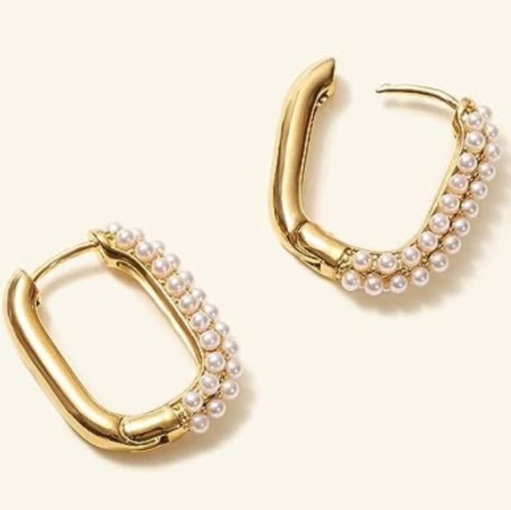 Rose Gold and Pearl Rectangle Hoops Rectangular Hoop Earrings Pave Pearls - Picture 11 of 12